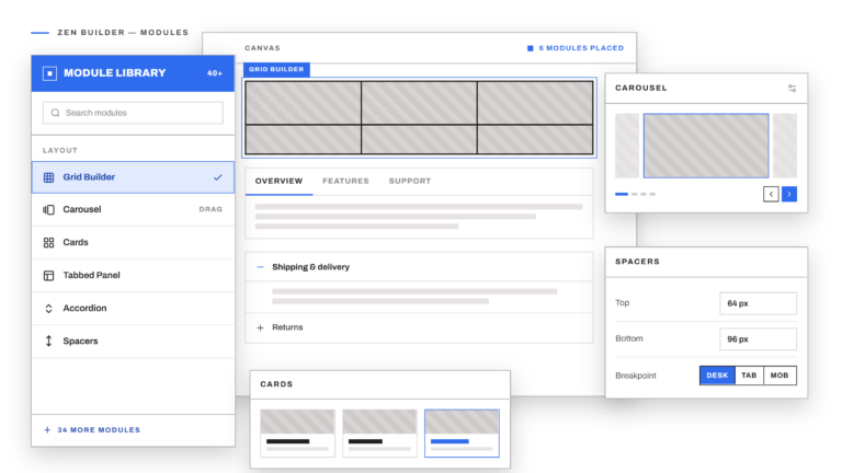 Zen Builder module library with grid builder, carousel, tabs, accordion and spacer controls