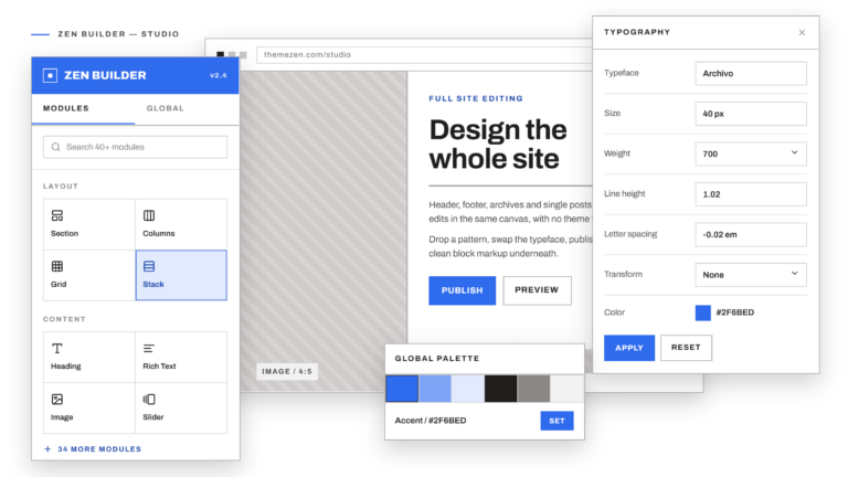 Zen Builder studio: module library, live canvas and typography panel